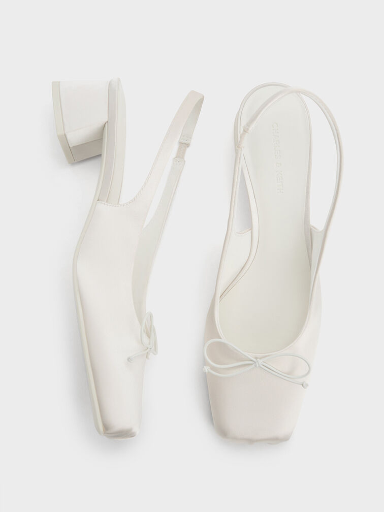 Sadira Satin Bow Square-Toe Slingback Pumps, Chalk, hi-res