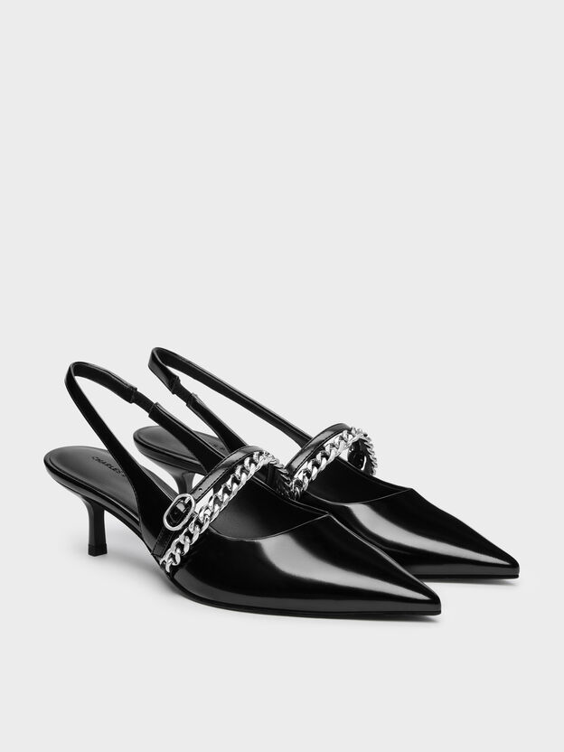 Georgie Chain Slingback Kitten Heels, Black Box, hi-res