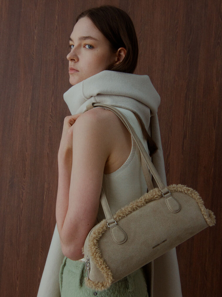 Nelly Recycled Suede & Faux Shearling Elongated Shoulder Bag, Nutmeg Beige, hi-res