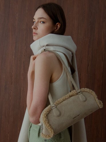 Nelly Recycled Suede & Faux Shearling Elongated Shoulder Bag, Nutmeg Beige, hi-res