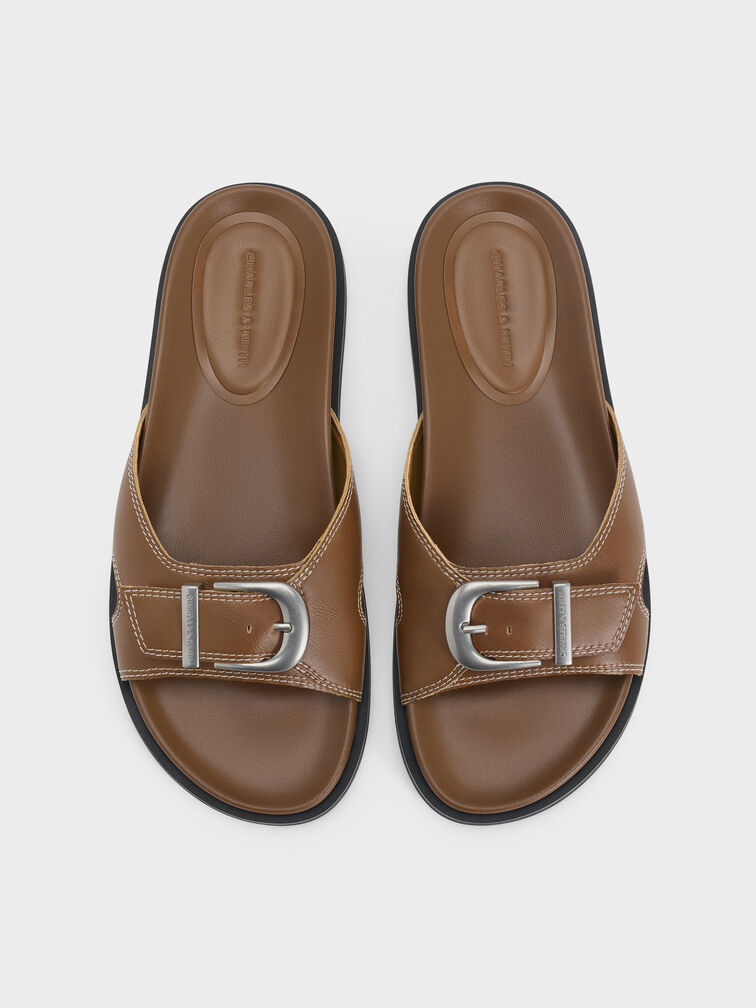 Stitch-Trim Buckled Slides, Cognac, hi-res