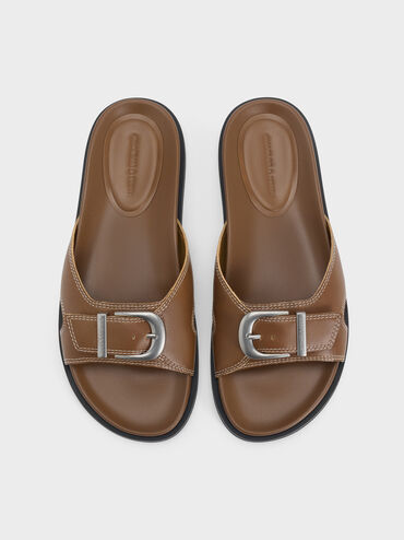 Stitch-Trim Buckled Slides, Cognac, hi-res