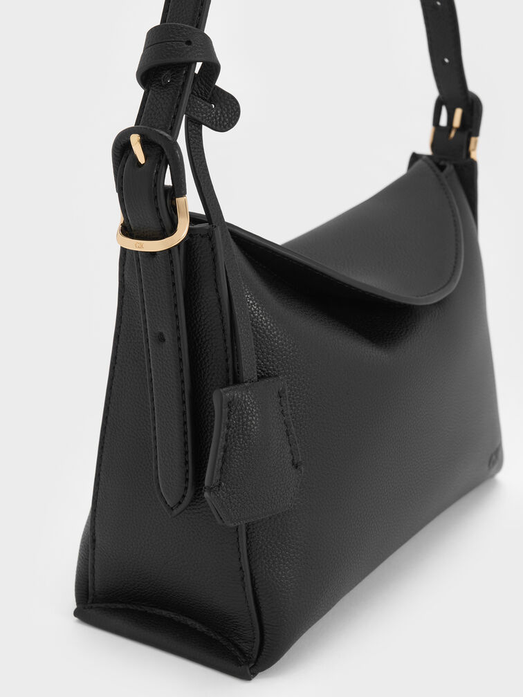 Leather Top-Flap Hobo Bag, Black, hi-res