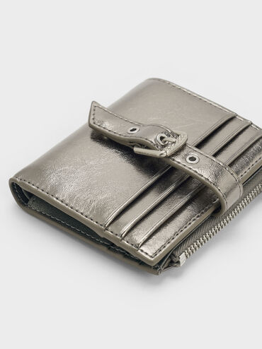 Blaise Metallic Grommet-Belt Top-Zip Small Wallet, Pewter, hi-res