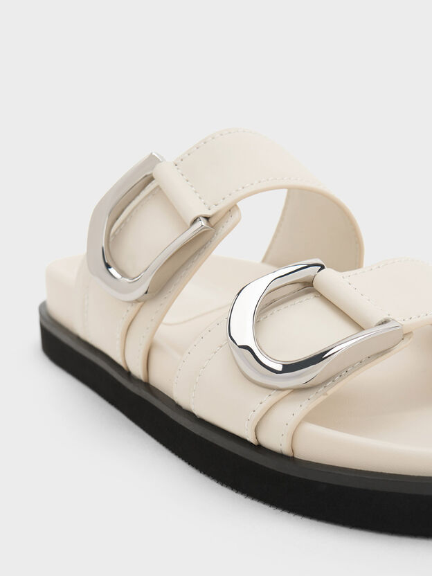 Gabine Silver-Buckle Leather Slides, Chalk, hi-res