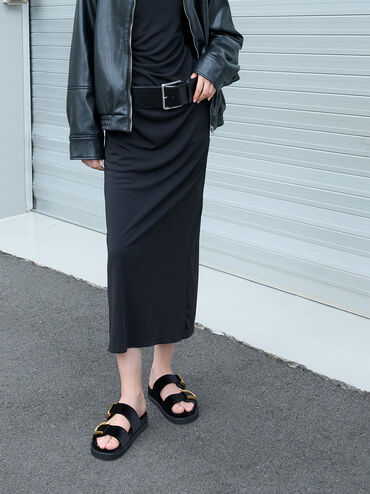 Gabine Velvet Gold-Buckle Slides, Black Textured, hi-res