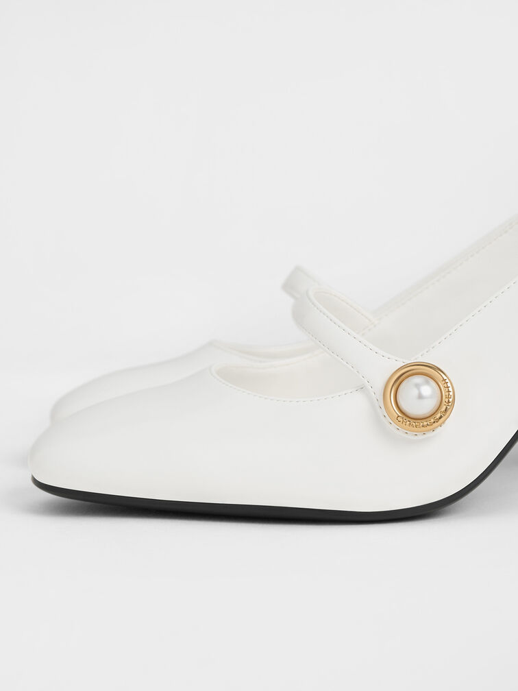 Pearl-Accent Mary Jane Slingback Pumps, White, hi-res