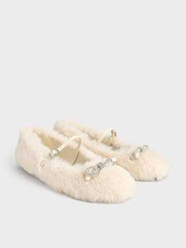 Bow Crystal-Embellished Furry Mary Janes, Chalk, hi-res