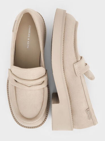 Faux Suede Chunky-Sole Penny Loafers, Beige, hi-res