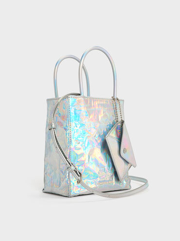 Matina Holographic Crinkle-Effect Elongated Tote Bag, Prism Silver, hi-res