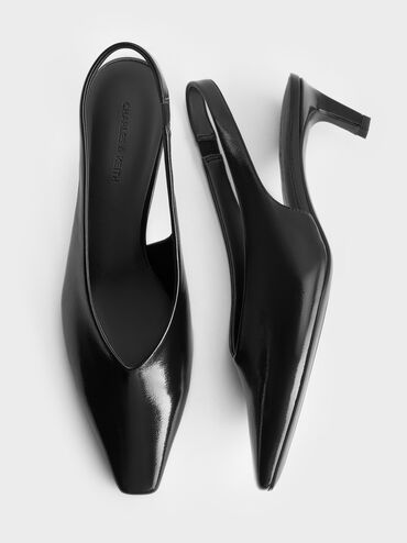 Patent Tapered Square-Toe Slingback Kitten Heels, Black Patent, hi-res