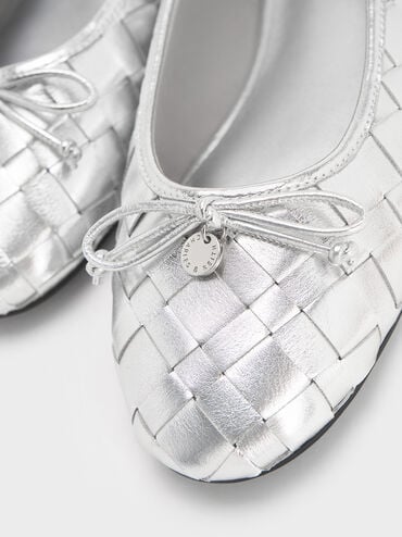Ivette Metallic Woven Bow Ballet Flats, Silver, hi-res