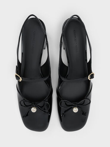 Patent Bow Crystal-Pearl Slingback Mary Jane Pumps, Black Patent, hi-res