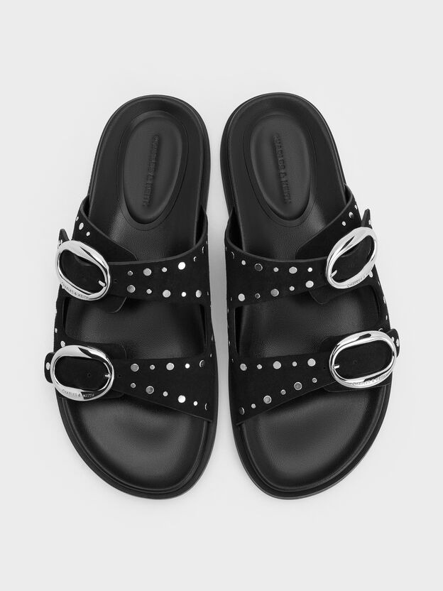 Studded Buckled Double-Strap Slides, Black, hi-res