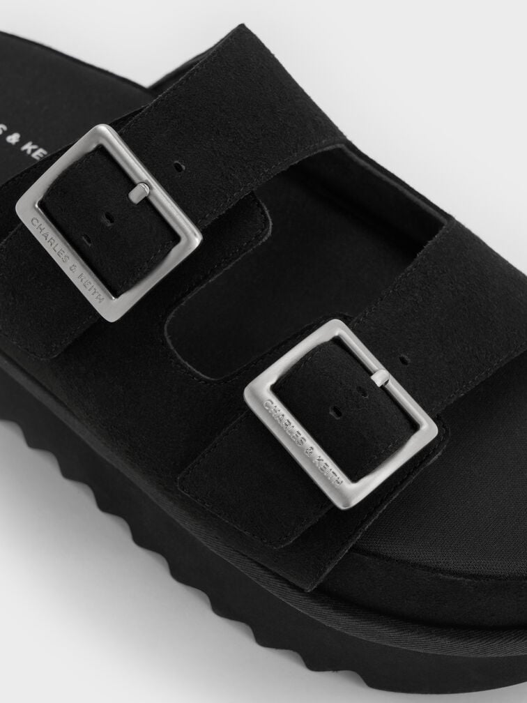 Buckled Double-Strap Flatform Sandals, Black, hi-res