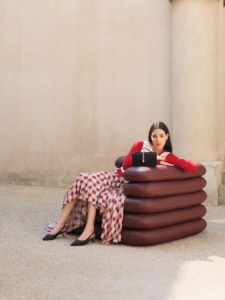 Satin Pointed-Toe Crystal-Heel Slingback Pumps, Black Textured, hi-res