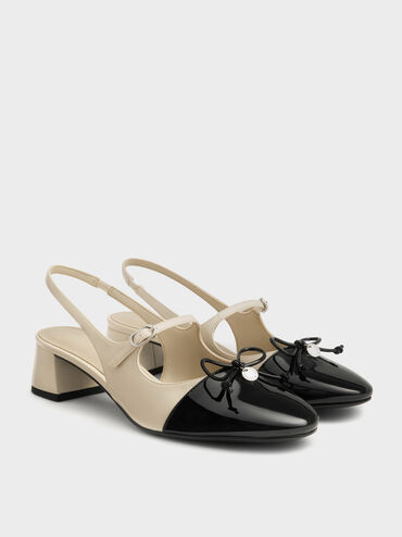 Two-Tone Patent Bow Slingback Pumps, Chalk, hi-res