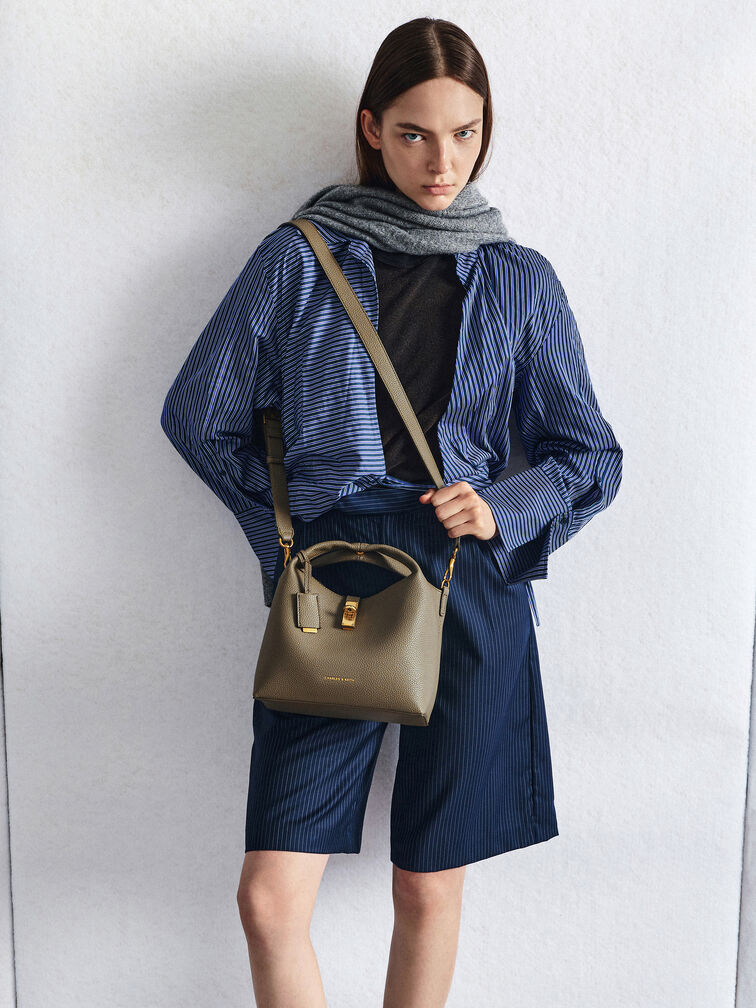 Chance Recycled Leather Turn-Lock Bucket Bag, Deep Olive, hi-res