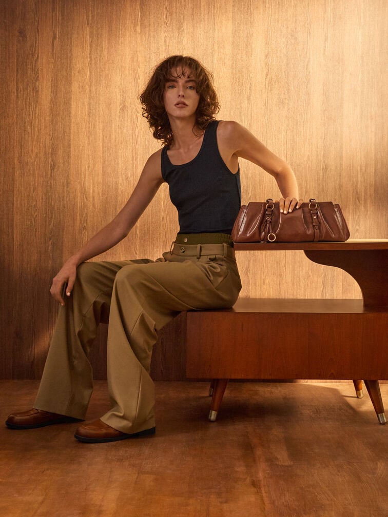 Britton Ruched Elongated Shoulder Bag, Chocolate, hi-res