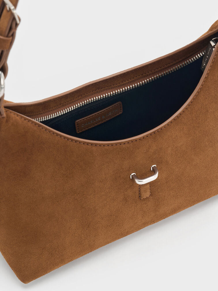 Lark Recycled Suede Studded Belted Shoulder Bag, Sienna Brown, hi-res