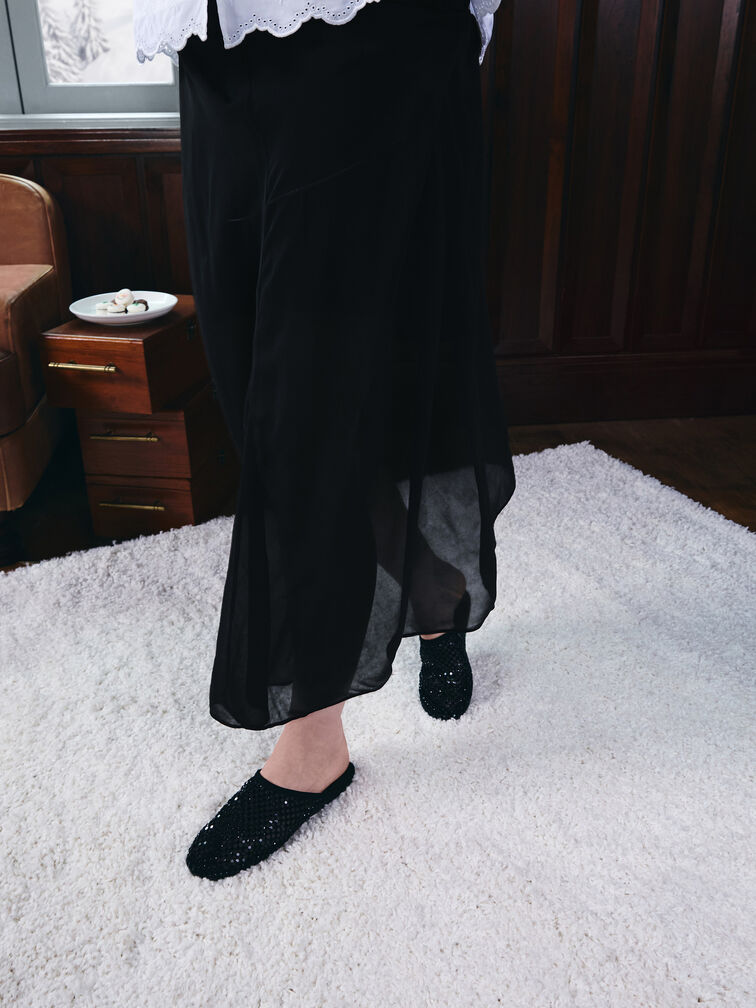 Maggie Mesh Crystal Flat Mules, Black Textured, hi-res