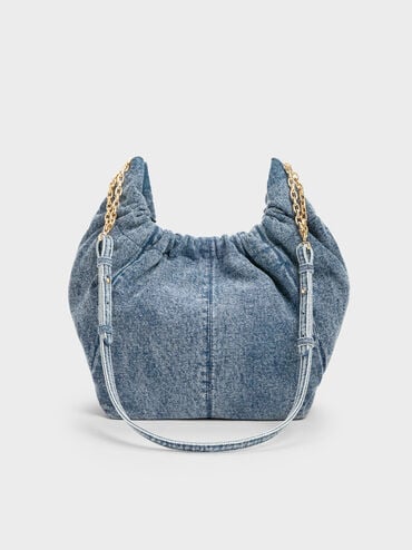Ciara Denim Ruched Hobo Bag, Denim Blue, hi-res