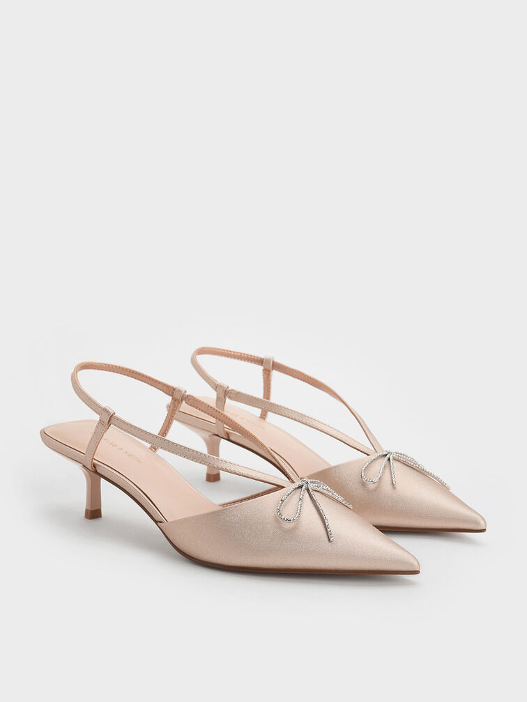 Crystal-Bow Kitten-Heel Slingback Pumps, Nude, hi-res