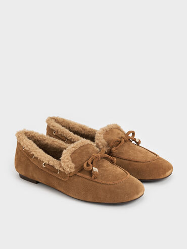 Gavyn Suede Shearling-Lined Boat Shoes, Brown, hi-res