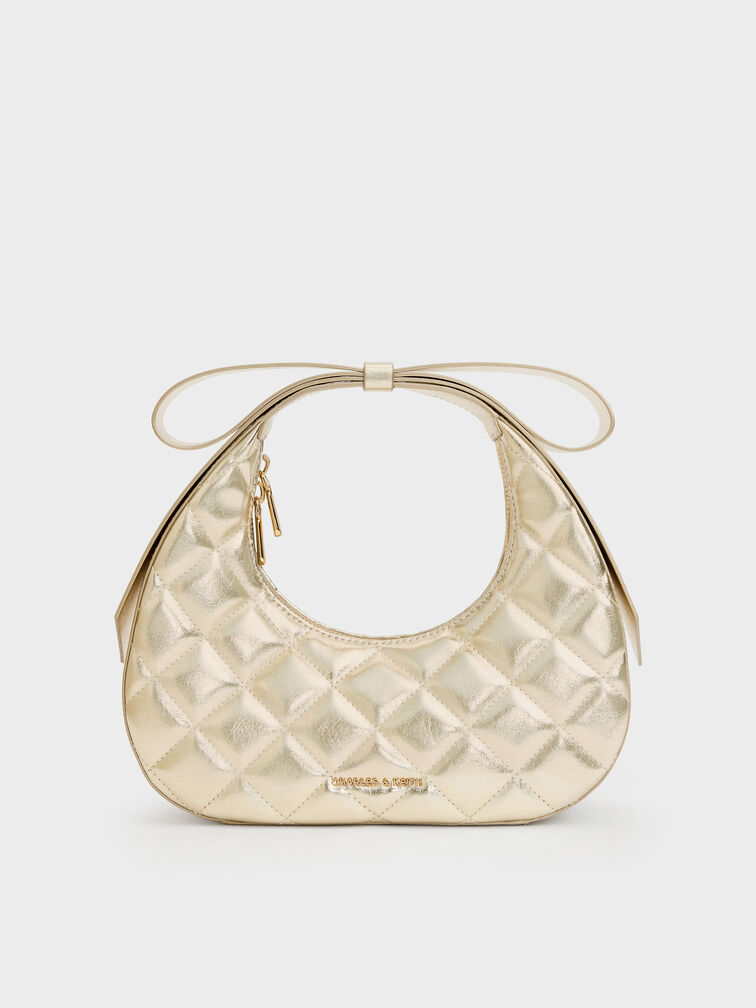 Janie Metallic Quilted Bow-Handle Bag, Champagne, hi-res