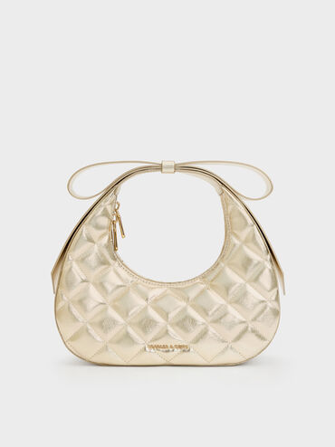 Janie Metallic Quilted Bow-Handle Bag, Champagne, hi-res