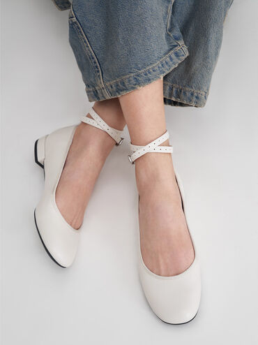 Ankle-Strap Ballet Flats, White, hi-res