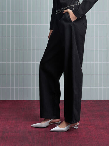 Satin Pointed-Toe Crystal-Heel Slingback Pumps, Silver, hi-res