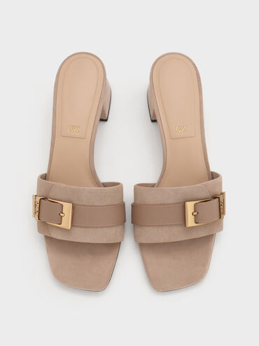 Whitney Suede & Leather Buckled Block-Heel Mules, Taupe, hi-res