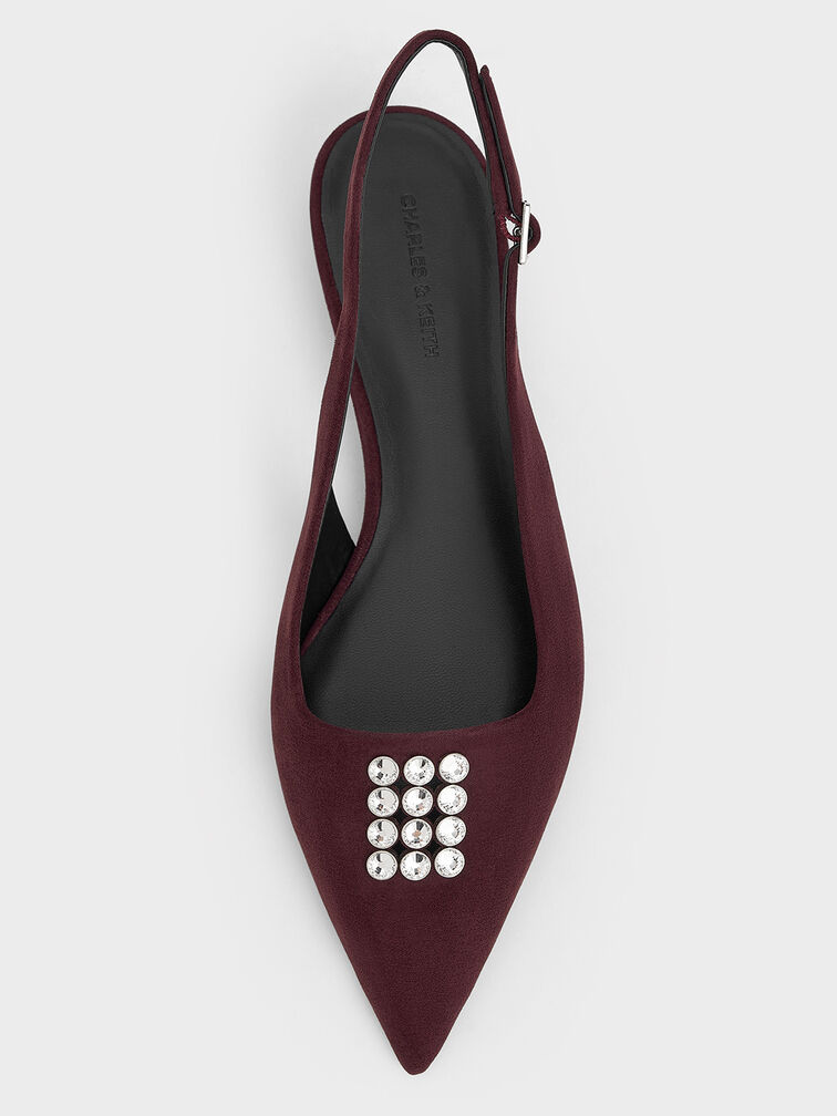 Faux Suede Crystal-Embellished Slingback Pumps, Burgundy, hi-res