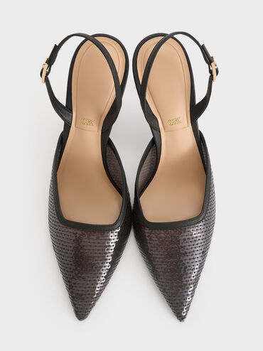 Sequin Mesh & Leather Pointed-Toe Slingback Pumps, Black Textured, hi-res