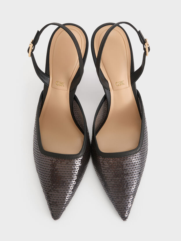 Sequin Mesh & Leather Pointed Slingback Pumps, Black Textured, hi-res