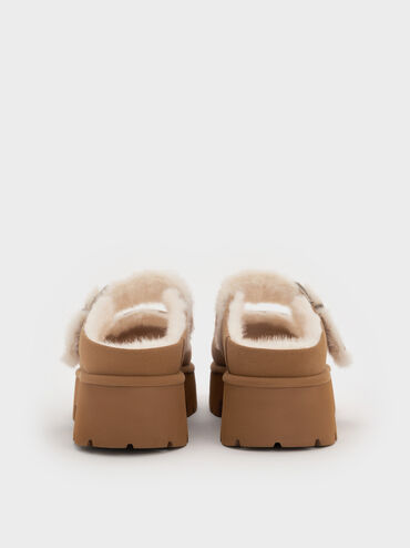 Bergen Textured Fur-Trim Buckled Platform Mules, Brown, hi-res