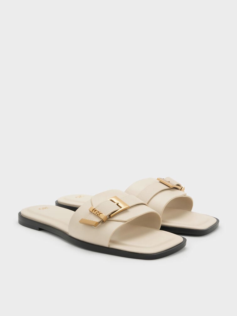 Whitney Leather Buckled Square-Toe Slide Sandals, Chalk, hi-res