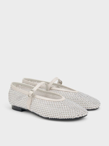 Maggie Mesh Crystal Mary Janes, White, hi-res