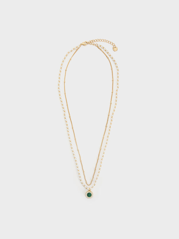 Pearl & Gemstone Double-Chain Necklace, Green, hi-res