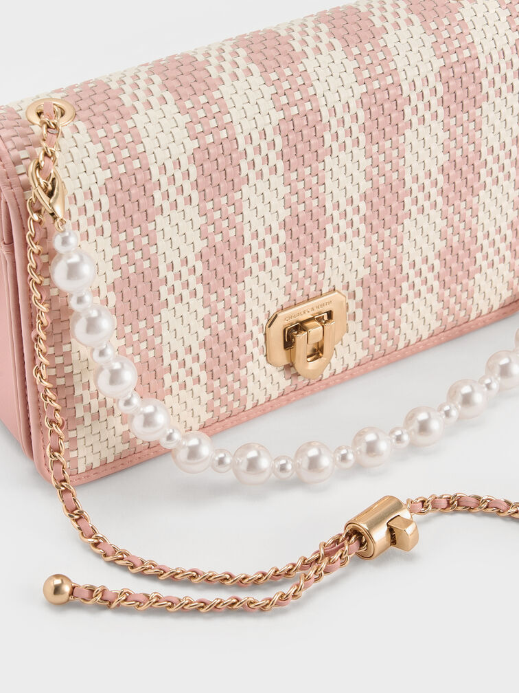 Alessia Checkered Pearl-Embellished Wallet on Chain, Light Pink, hi-res