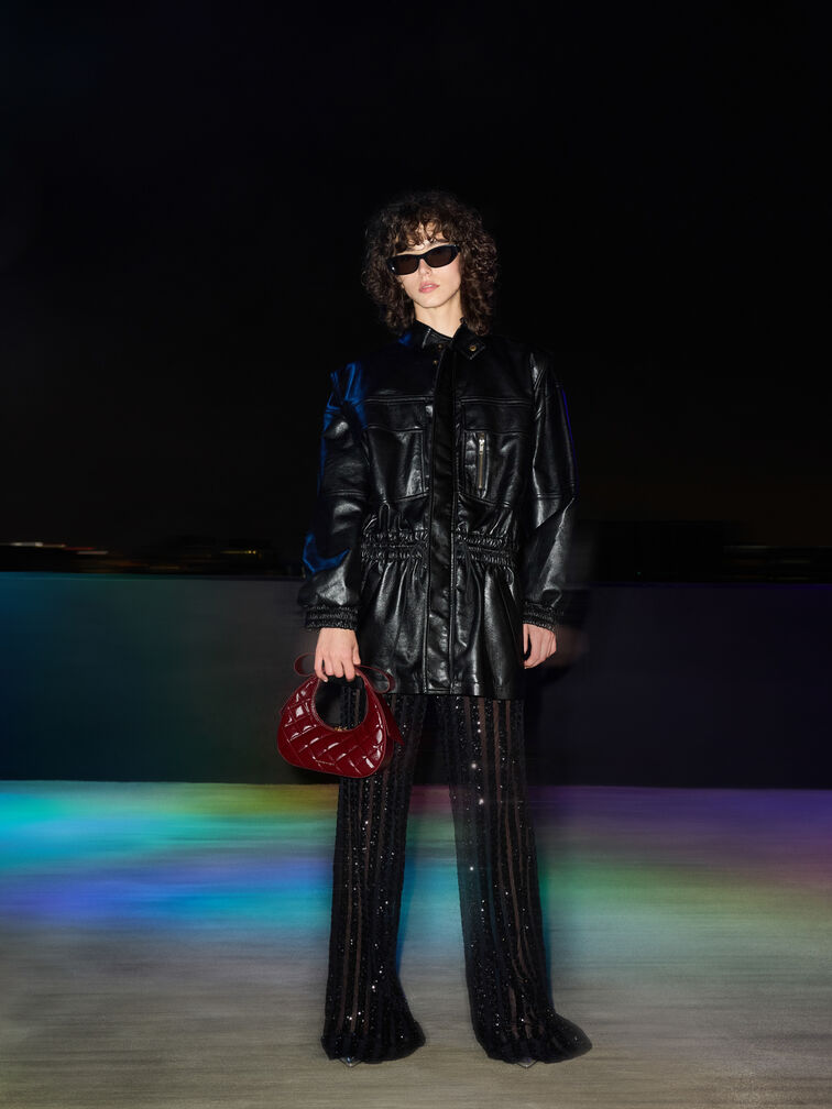 Janie Quilted Bow-Handle Crescent Bag, Burgundy, hi-res