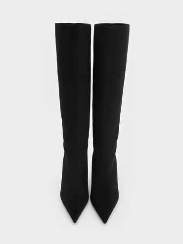 Faux Suede Pointed Stiletto Knee-High Boots, Black Textured, hi-res