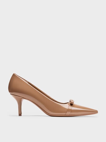 Dorian Patent Bow Pointed-Toe Stiletto-Heel Pumps, Caramel, hi-res
