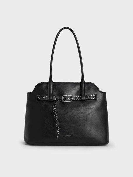 Victoria Studded Belted Trapeze Tote Bag, Noir, hi-res