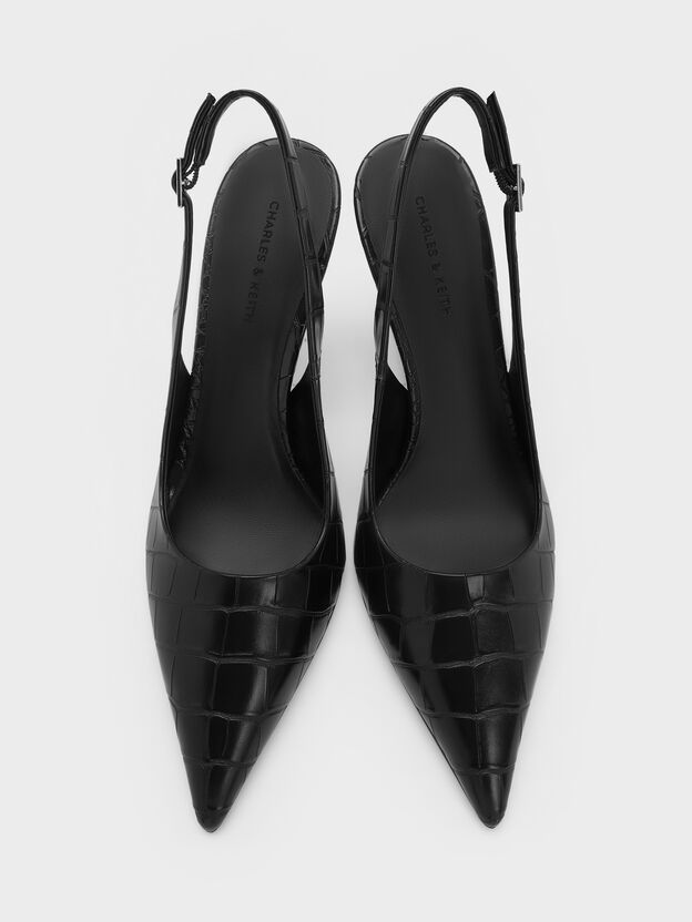 Croc-Effect Pointed Slingback Pumps, Animal Print Black, hi-res