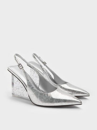 Metallic Crinkle-Effect Speckled-Heel Slingback Wedges, Silver, hi-res