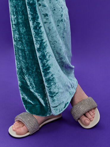 Faux Suede Crystal-Embellished Slide Sandals, Chalk, hi-res