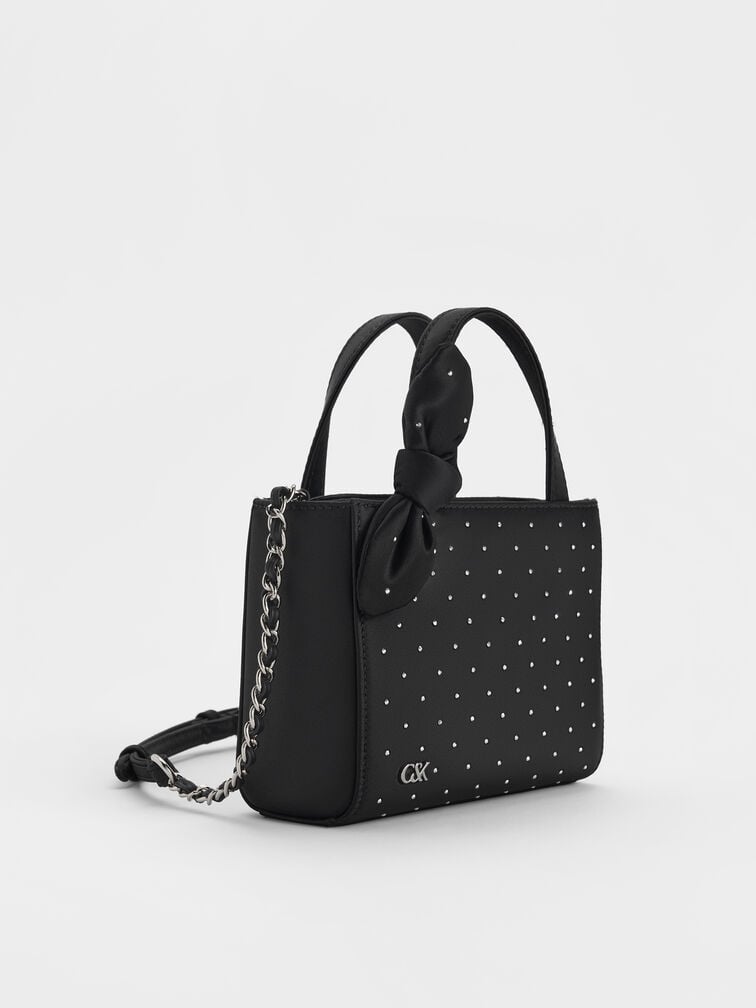 Satin Studded Knot-Bow Mini Bag, Noir Studded Satin, hi-res