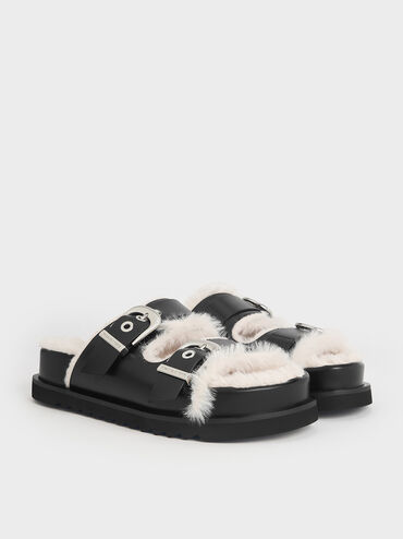 Hannah Furry Buckled Double-Strap Sandals, Black, hi-res